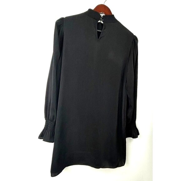 Elan Womens Size M Black Mini Dress Mock Neck Sheer Unlined Ruffle Smocked U4 - Picture 8 of 12